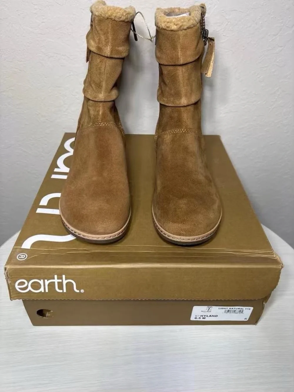Earth Ethyland Suede Boots 6.5 M  Natural Tan Faux Fur Cozy Water-repellent NIB